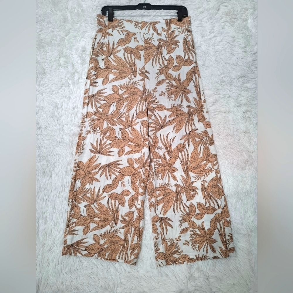 Nicole Miller Pants Womens Size Large Wide Leg Linen Blend Tropical Leaf Beachy